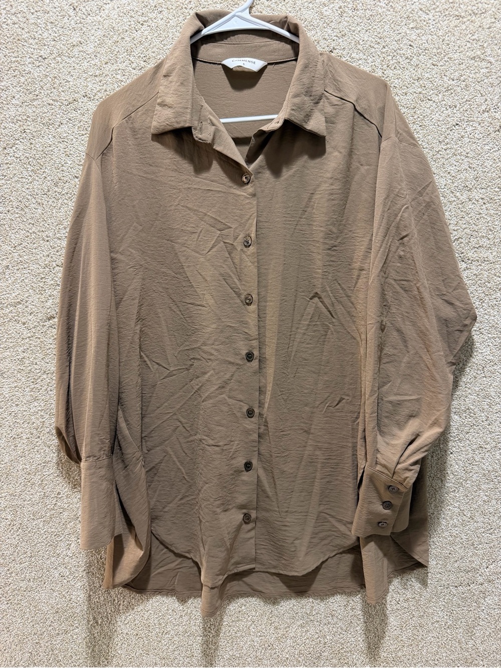 Commense oversized button down blouse small tan fall capsule minimalist Flawed